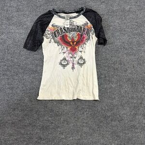 Crash & Burn Raglan Shirt Womens Size M Cream Grey Graphic Phoenix Y2K USA Made